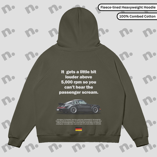 Flat lay of 964 "Louder Above 5000 RPM" heavyweight hoodie with fleece lining, oversized fit, and subtle grayscale tone inspired by Porsche 964.