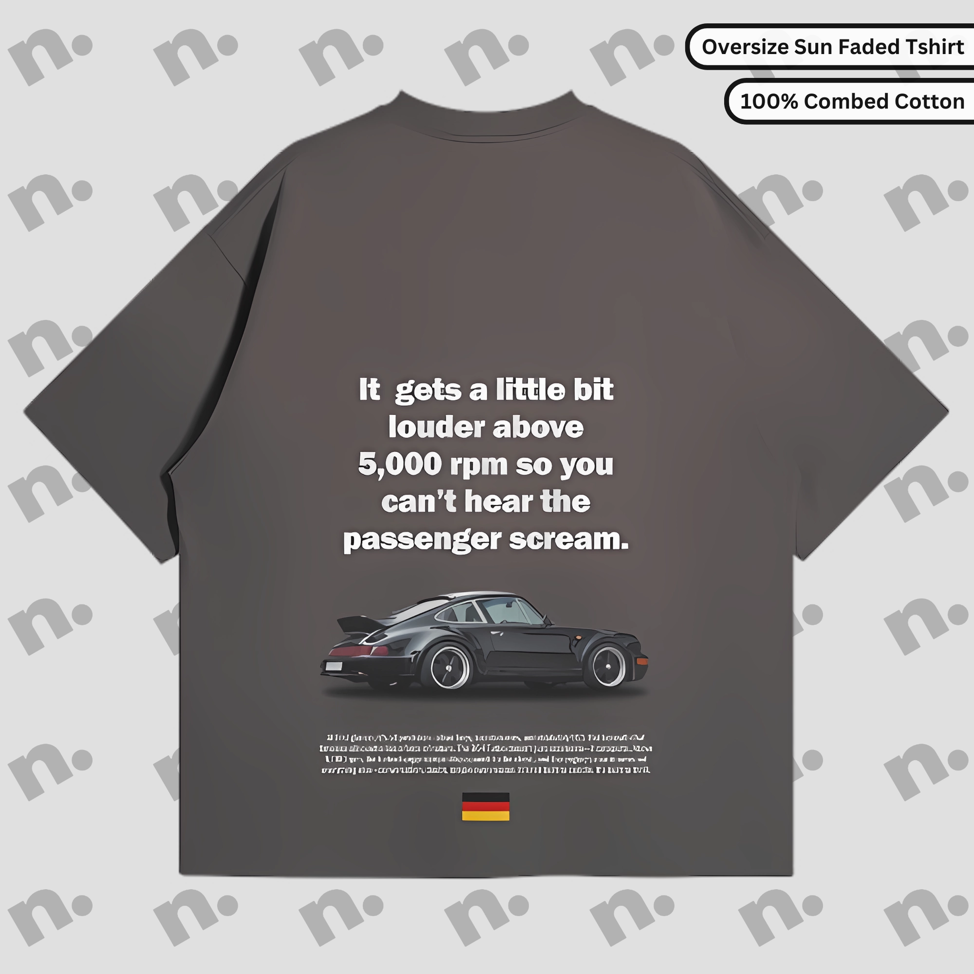 Flat lay of 964 "Louder Above 5000 RPM" oversized T-shirt in washed gradient cotton, featuring drop shoulders and bold car enthusiast design.