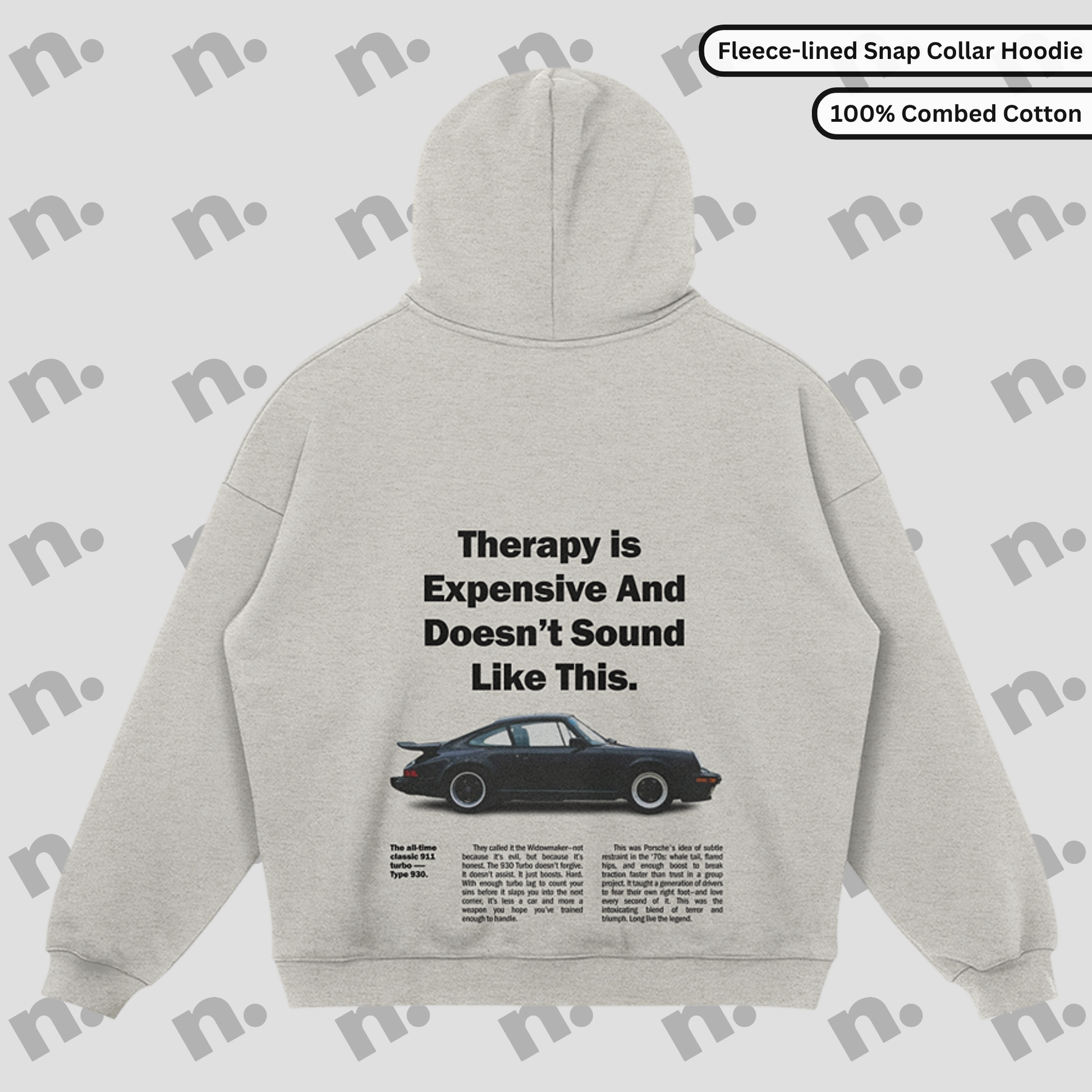 Flat lay of the 911 Therapy Snap Collar Fleece Premium Hoodie featuring a classic 911 graphic and 'Therapy is Expensive' slogan.
