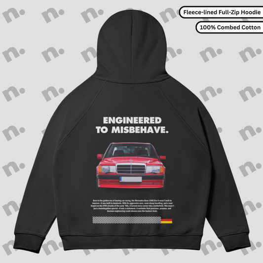 Flat lay of a full-zip fleece hoodie featuring a Mercedes 190E Evo II inspired design, styled with motorsport-themed accessories on a clean, neutral background.