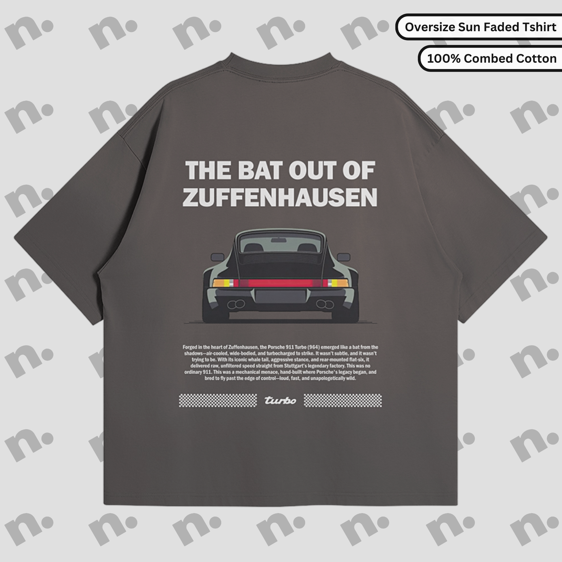 Flat lay of Zuffenhausen Bat 911 premium oversized T-shirt in vintage washed gradient, featuring soft 100% combed cotton and drop shoulder design.