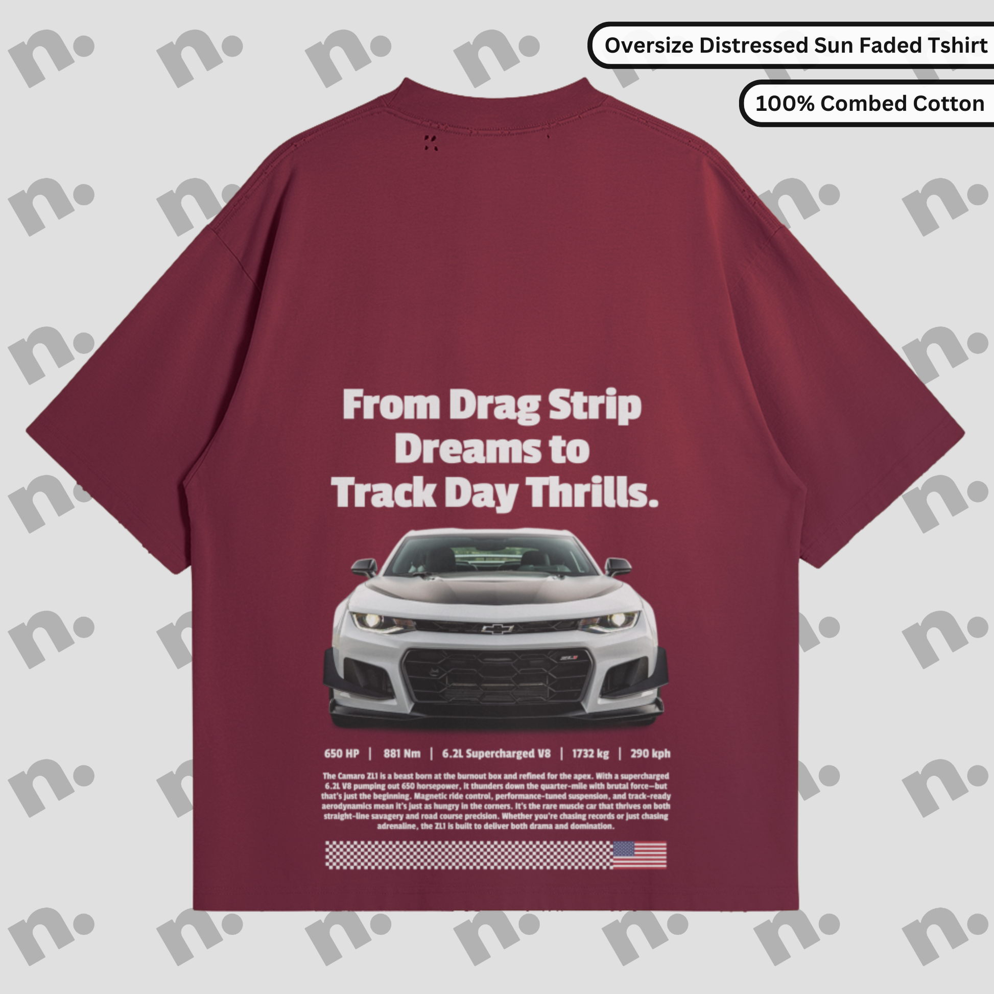 Flat lay of vintage-style oversized graphic tee with washed gradient and distressed details, inspired by classic muscle car energy.