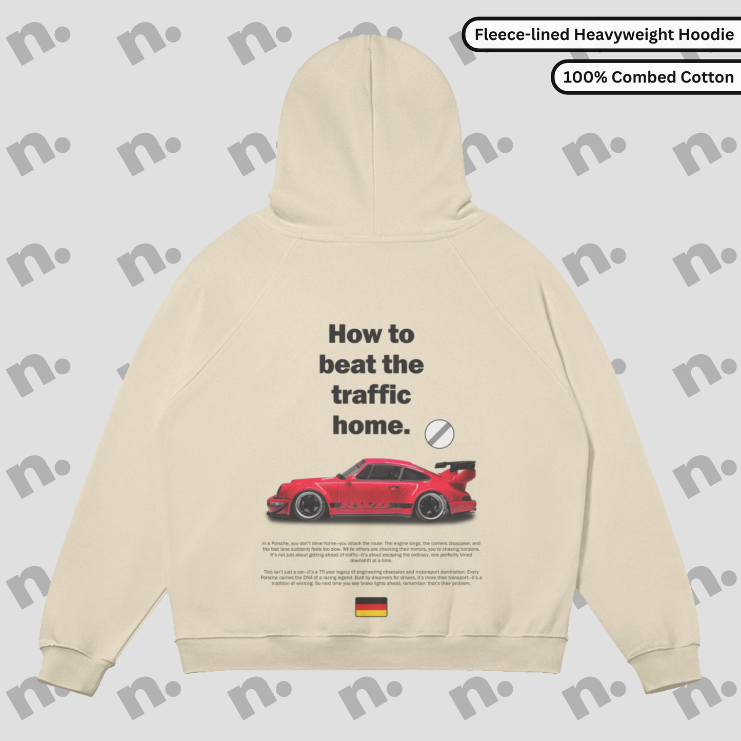 Flat lay of the 911 RWB Autobahn Sun Faded Hoodie with an RWB Porsche graphic and 'How to Beat the Traffic Home' slogan.