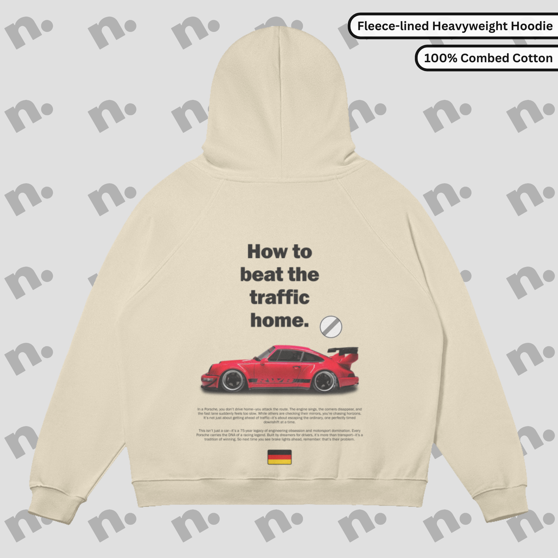 Flat lay of the 911 RWB Autobahn Sun Faded Hoodie with an RWB Porsche graphic and 'How to Beat the Traffic Home' slogan.
