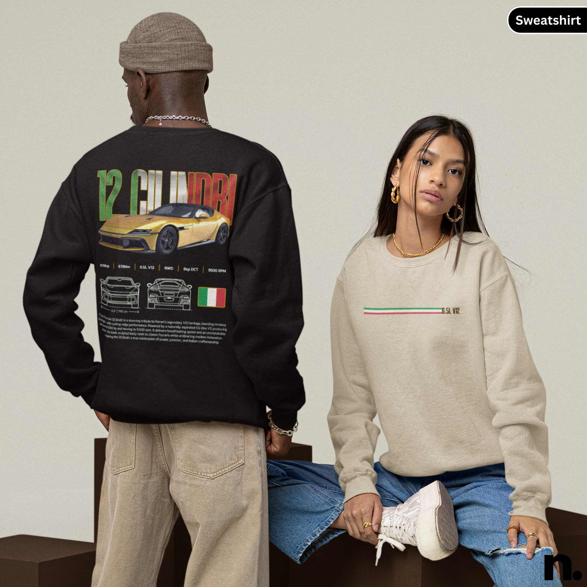 Two people wearing sweatshirts with car design and Italian flag pattern.