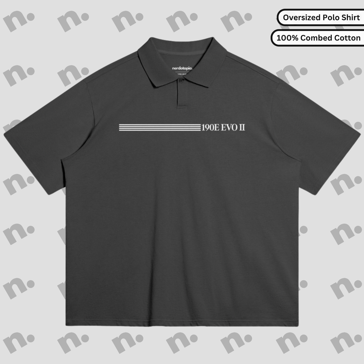 Oversized streetwear polo shirt in earthy tones with spread collar and relaxed fit, inspired by the 190E Evo II