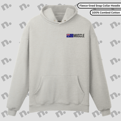 Ghost mockup of heavyweight vintage-washed hoodie with tonal gradient and distressed edges, inspired by Australian muscle car culture.