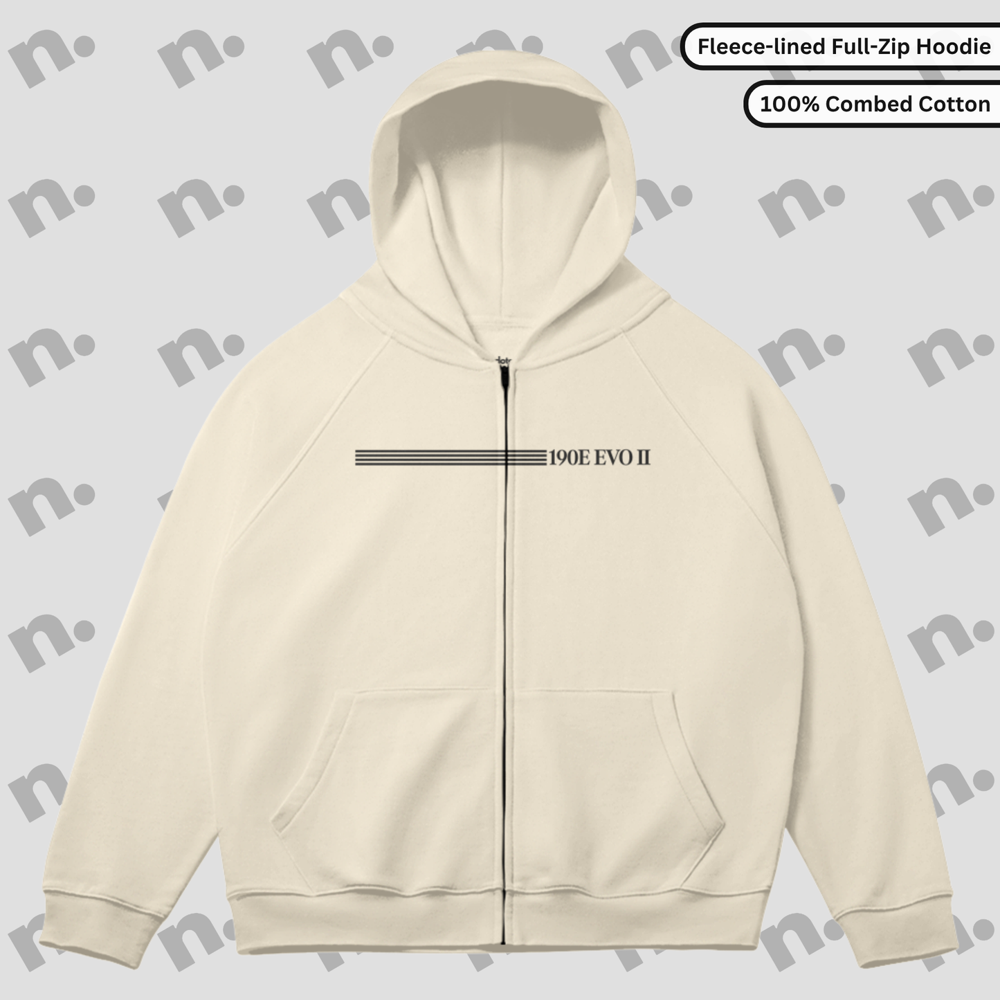 Heavyweight full-zip hoodie with raglan sleeves and fleece lining, inspired by 190E Evo II in a sporty streetwear fit