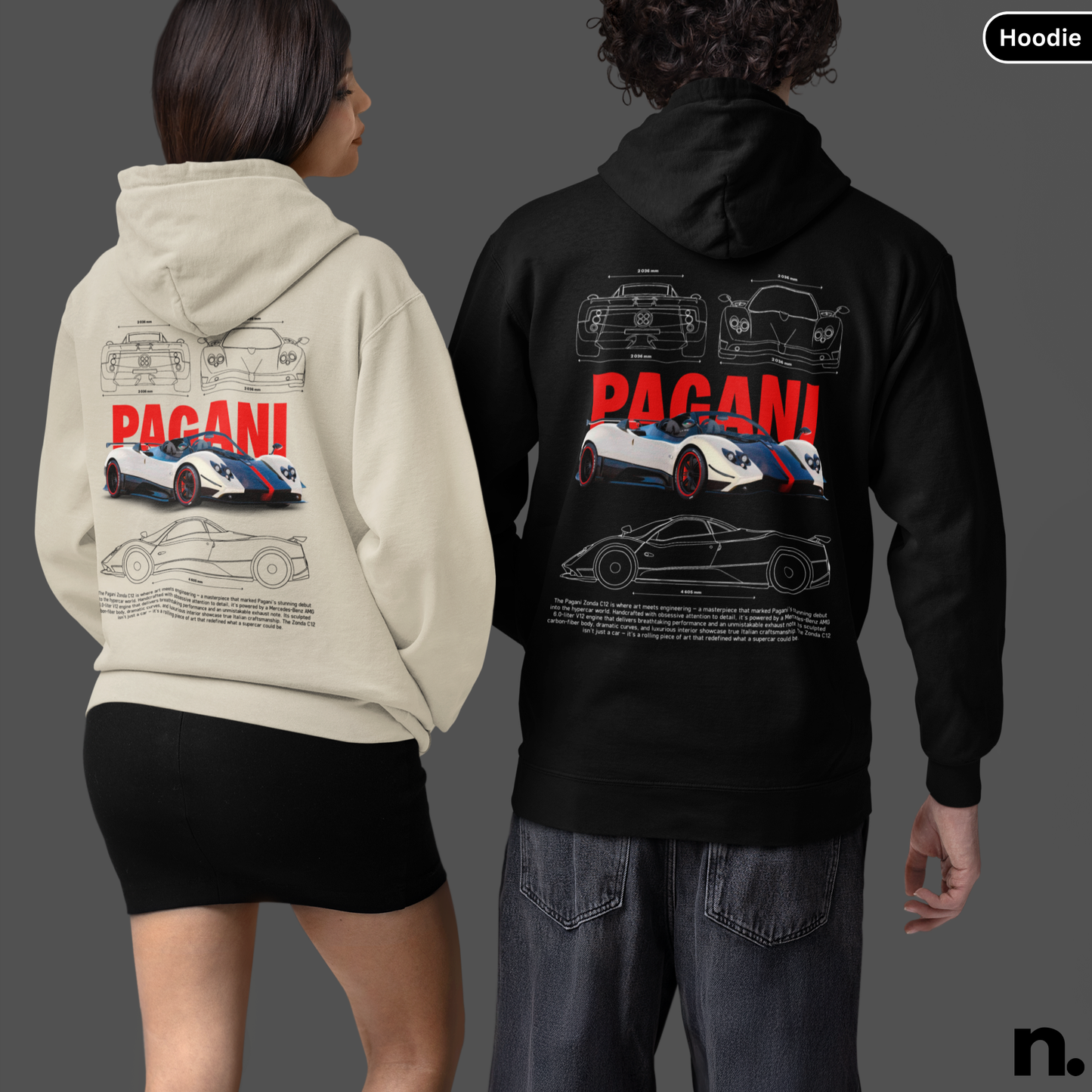 Zonda C12 poster style unisex hoodie featuring a sleek automotive design, premium print, and modern streetwear look.

