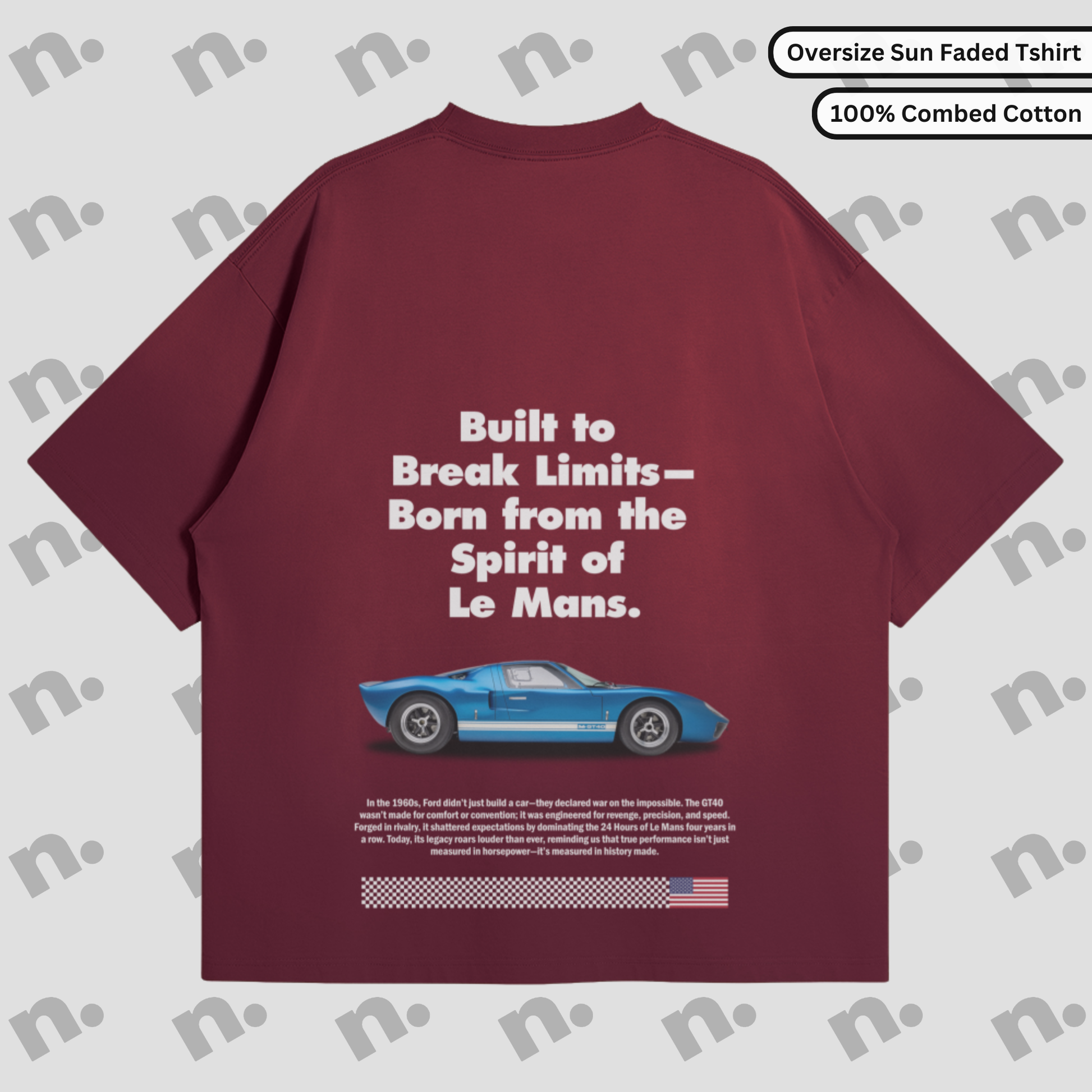 Flat lay of a premium T-shirt featuring a bold GT40 Le Mans poster-style graphic, arranged with vintage racing accessories on a clean background.