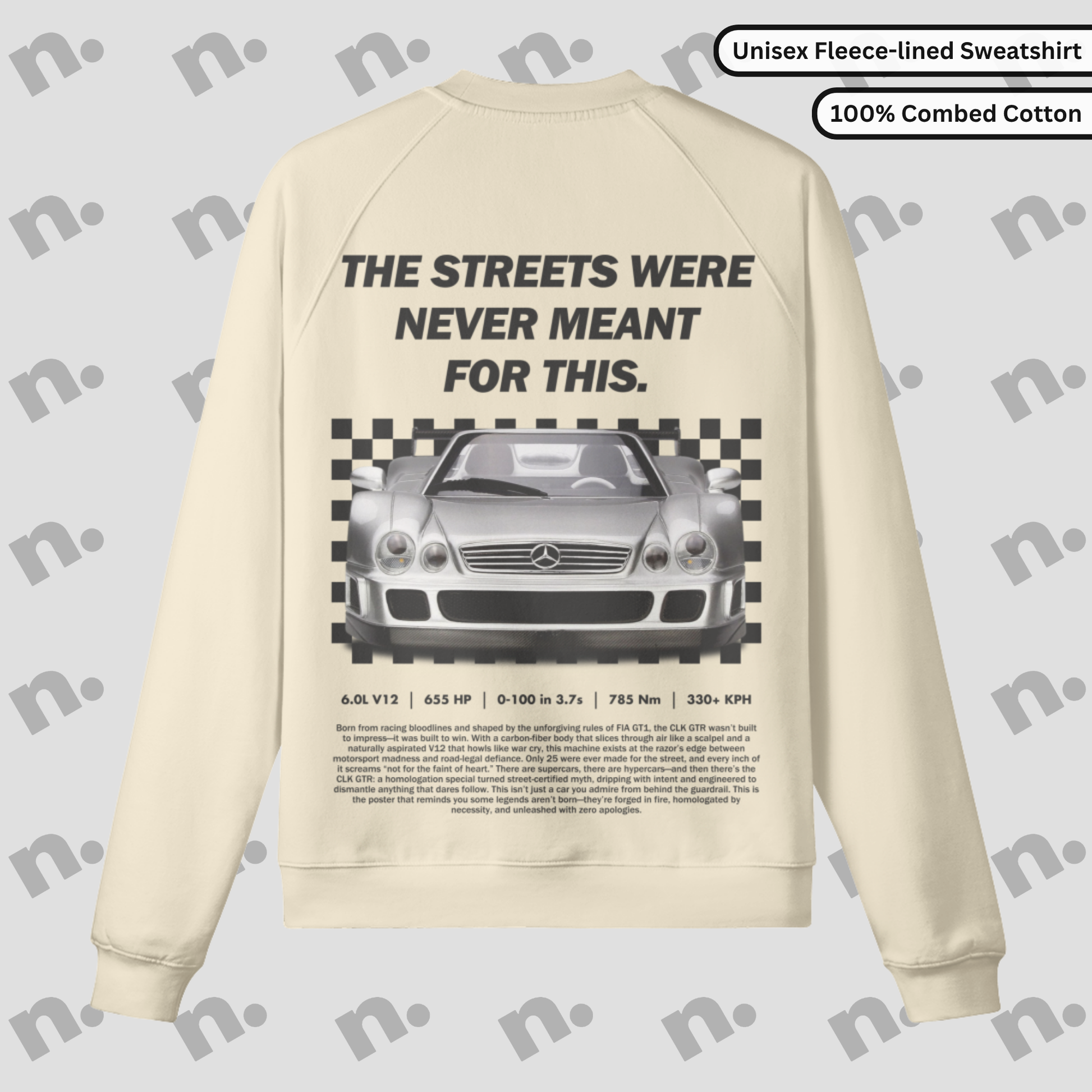 Heavyweight earth-toned fleece pullover with raglan sleeves and relaxed fit inspired by motorsport design.