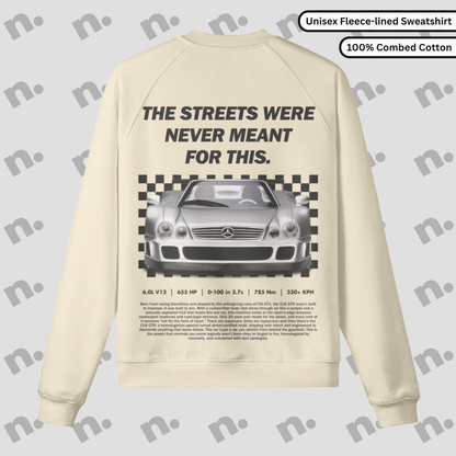 Heavyweight earth-toned fleece pullover with raglan sleeves and relaxed fit inspired by motorsport design.