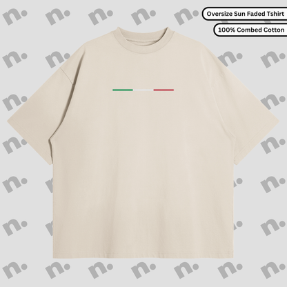 Flat lay of vintage-washed oversized tee with subtle tonal gradient and automotive-inspired graphic, featuring a boxy fit and drop shoulders.