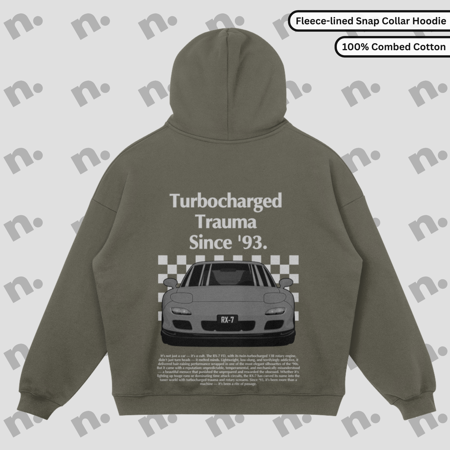 Turbocharged Trauma Since ’93 – RX-7 Snap Collar Premium Hoodie