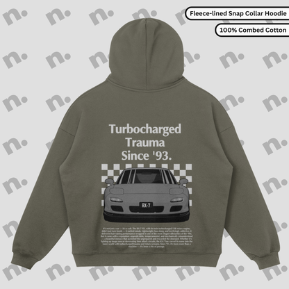 Turbocharged Trauma Since ’93 – RX-7 Snap Collar Premium Hoodie