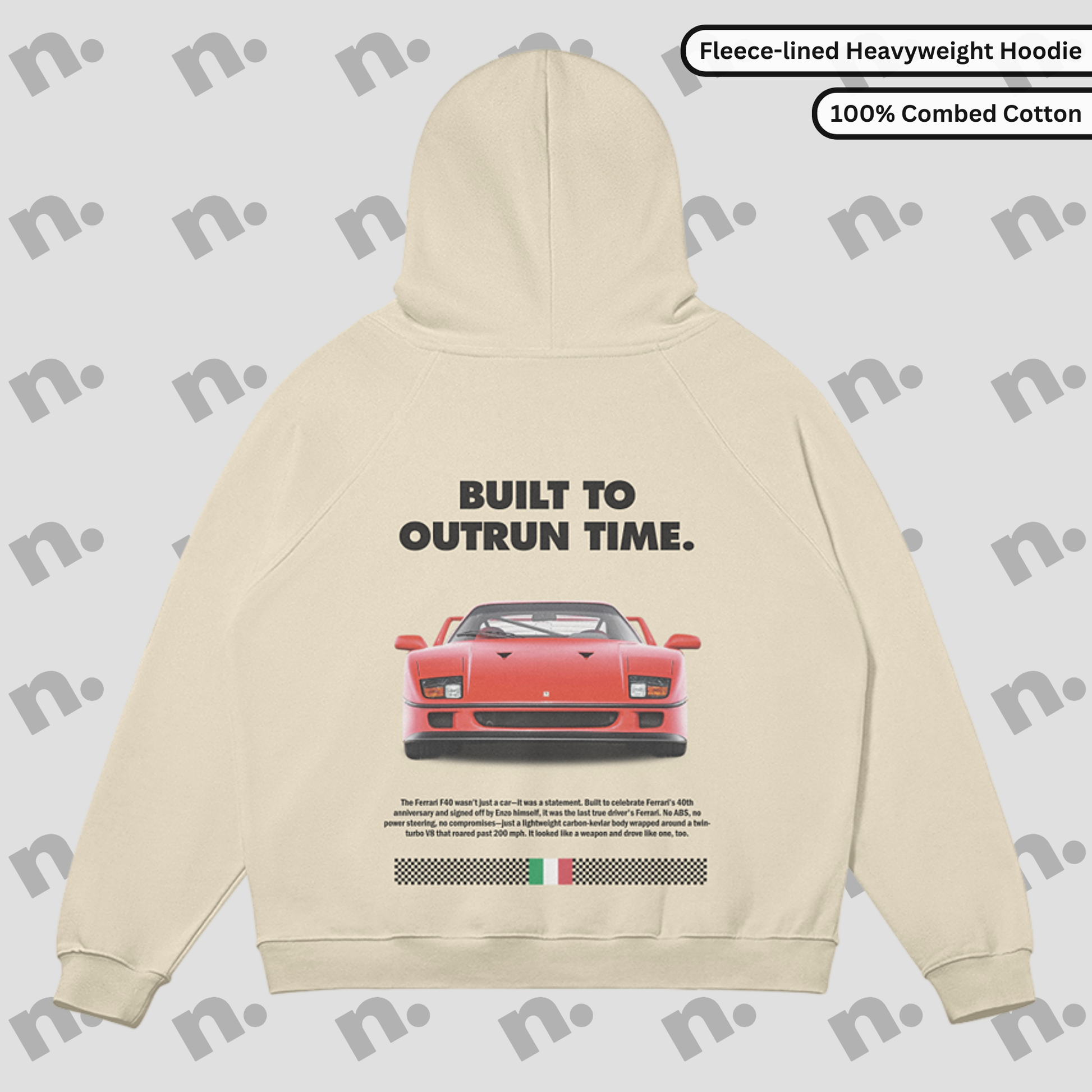 Flat lay of a premium black hoodie featuring a stylized Ferrari F40 graphic and the phrase "Built to Outrun Time", displayed with streetwear elements on a minimalist background.