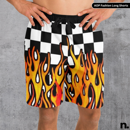 Racing Flames Fashion Long Shorts - AOP