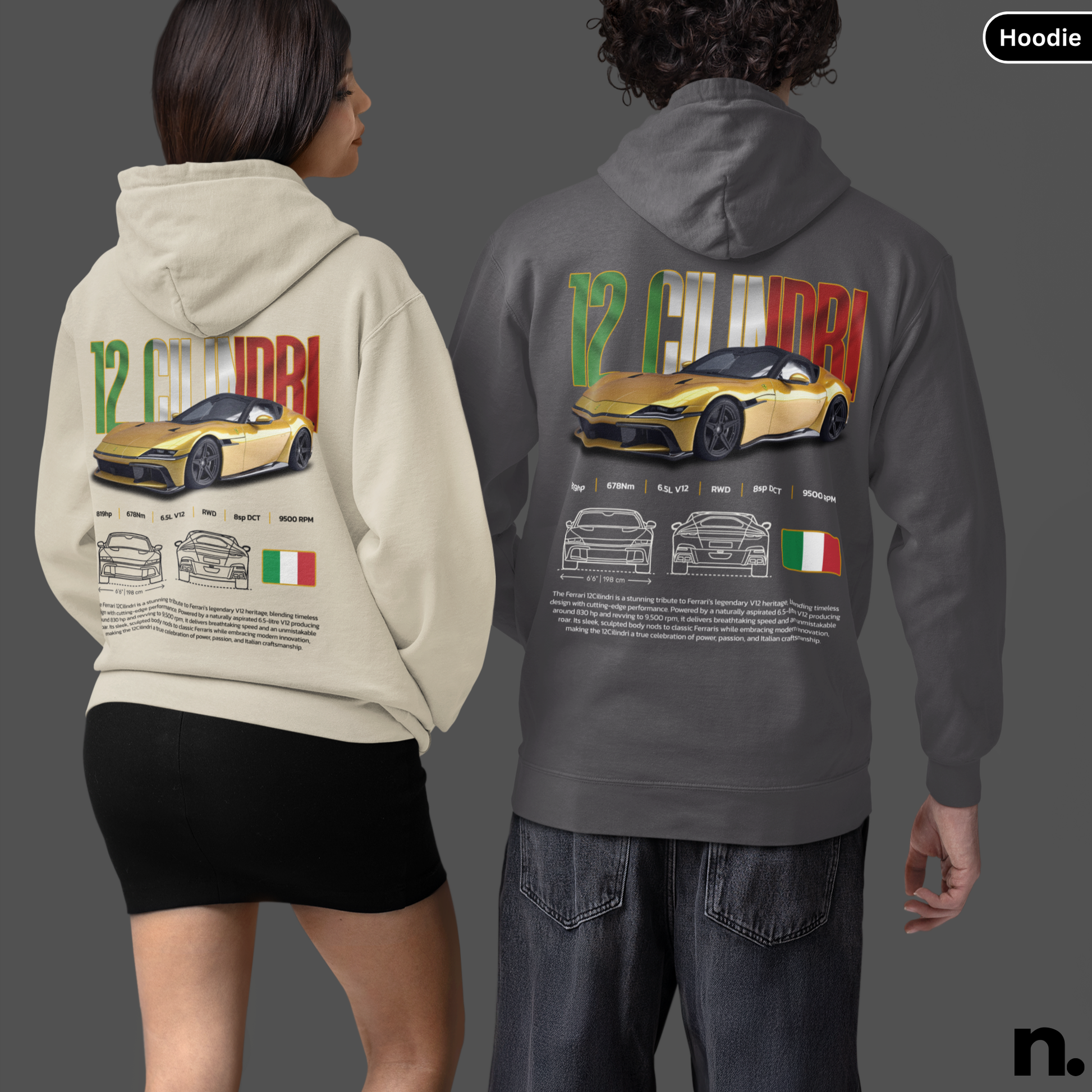 12 Cilindri poster style engine graphic printed on unisex hoodie
beige & grey