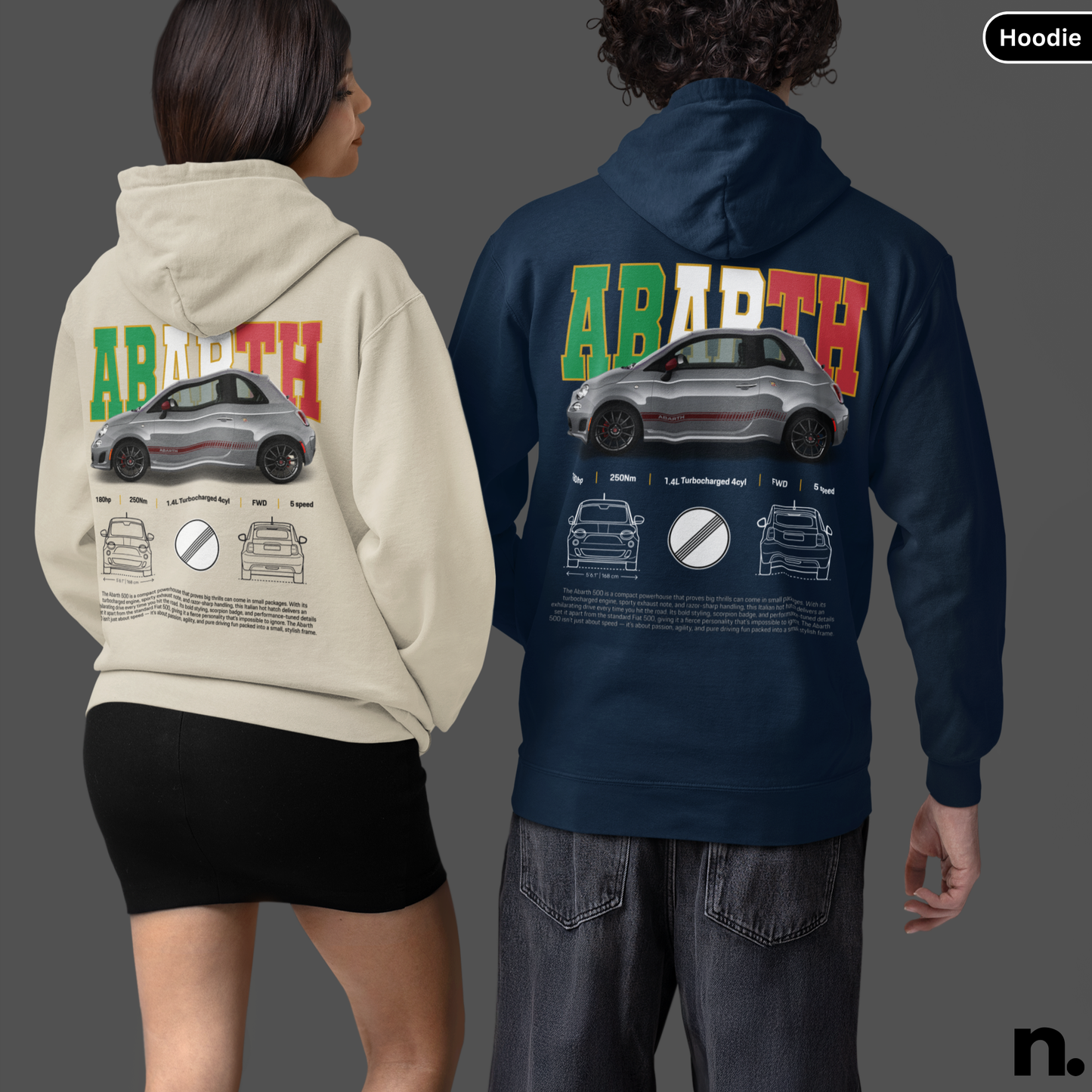 Two people wearing hoodies with a car design and 'ABARTH' text on the back. Abarth 500 Poster Style Unisex Hoodie navy and sand