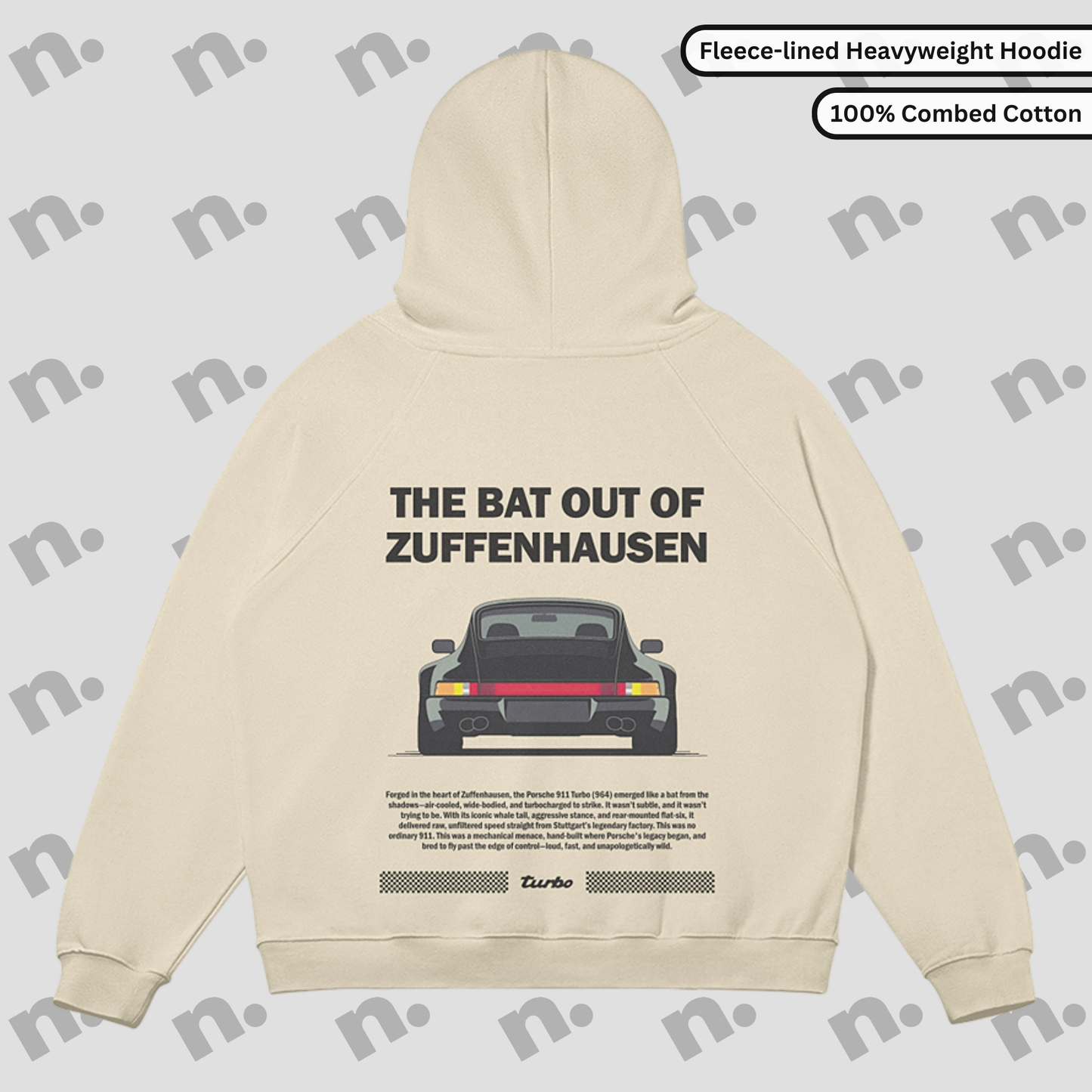 Flat lay of Zuffenhausen Bat 911 heavyweight fleece-lined hoodie in grayscale, with snap collar, kangaroo pocket, and oversized fit.
