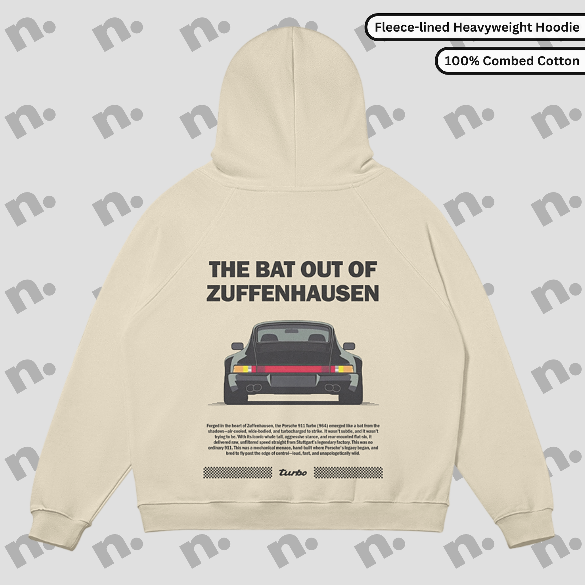 Flat lay of Zuffenhausen Bat 911 heavyweight fleece-lined hoodie in grayscale, with snap collar, kangaroo pocket, and oversized fit.