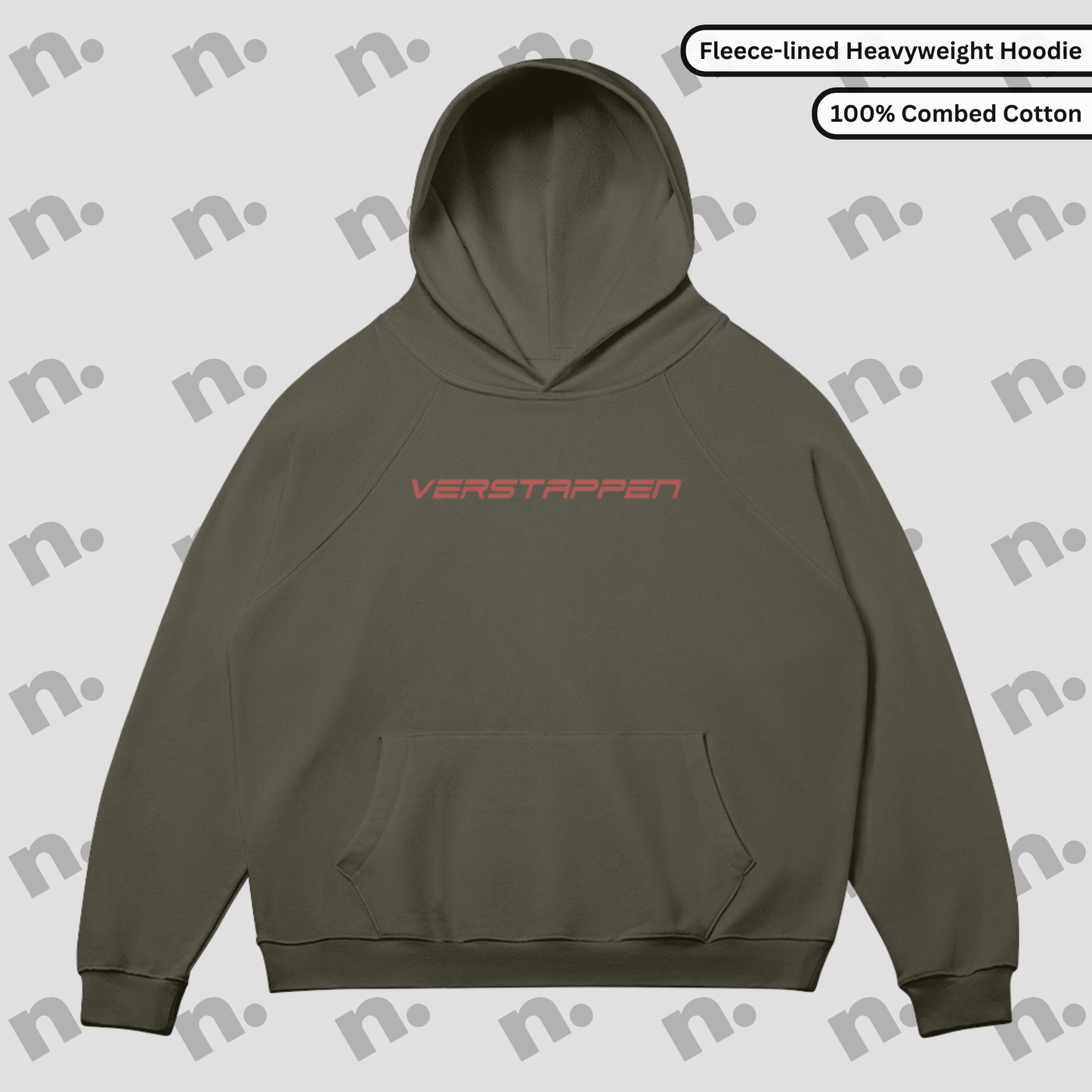Flat lay of a premium hoodie featuring a bold Max Verstappen inspired design, styled with motorsport-themed accessories on a clean, neutral background.