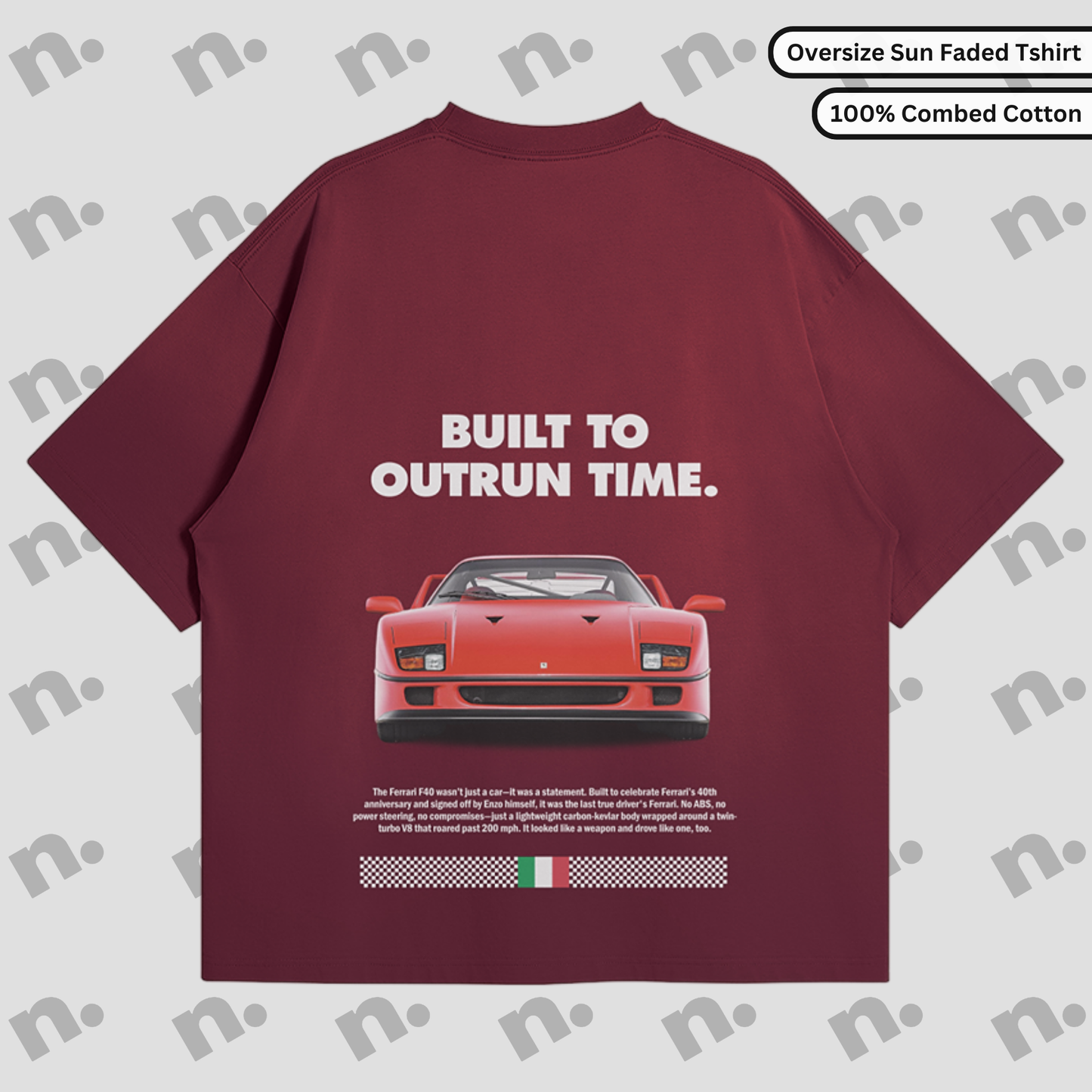 Flat lay of a premium black T-shirt featuring a vintage Ferrari F40 design with the text "Built to Outrun Time", styled with modern streetwear accessories on a neutral background.