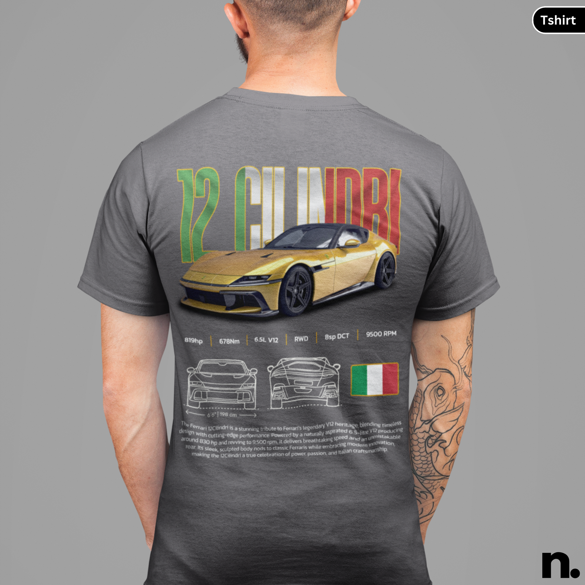 Person wearing a gray t-shirt with a car design of Ferrari 12 Cilindri Poster Style, on a gray background.
