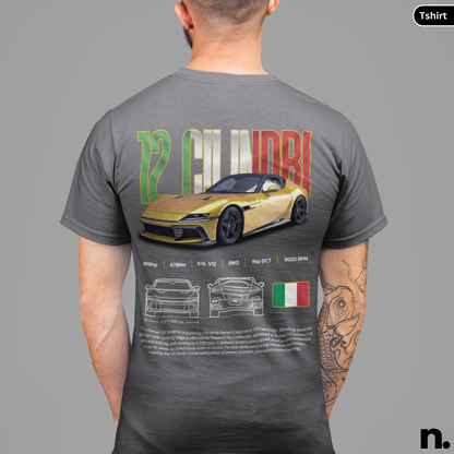 Person wearing a gray t-shirt with a car design of Ferrari 12 Cilindri Poster Style, on a gray background.