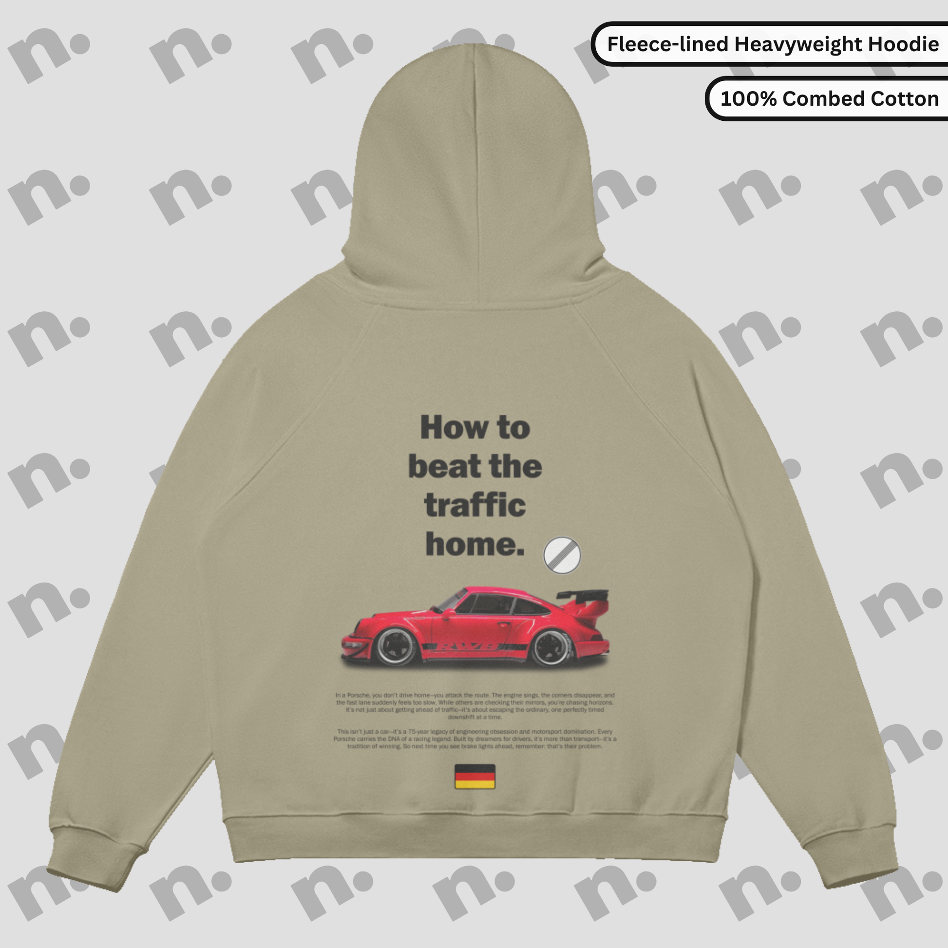 Flat lay of the 911 RWB Autobahn Sun Faded Hoodie with an RWB Porsche graphic and 'How to Beat the Traffic Home' slogan.