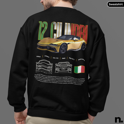 Automotive 12 cilindri poster style design sweatshirt front view
black colour