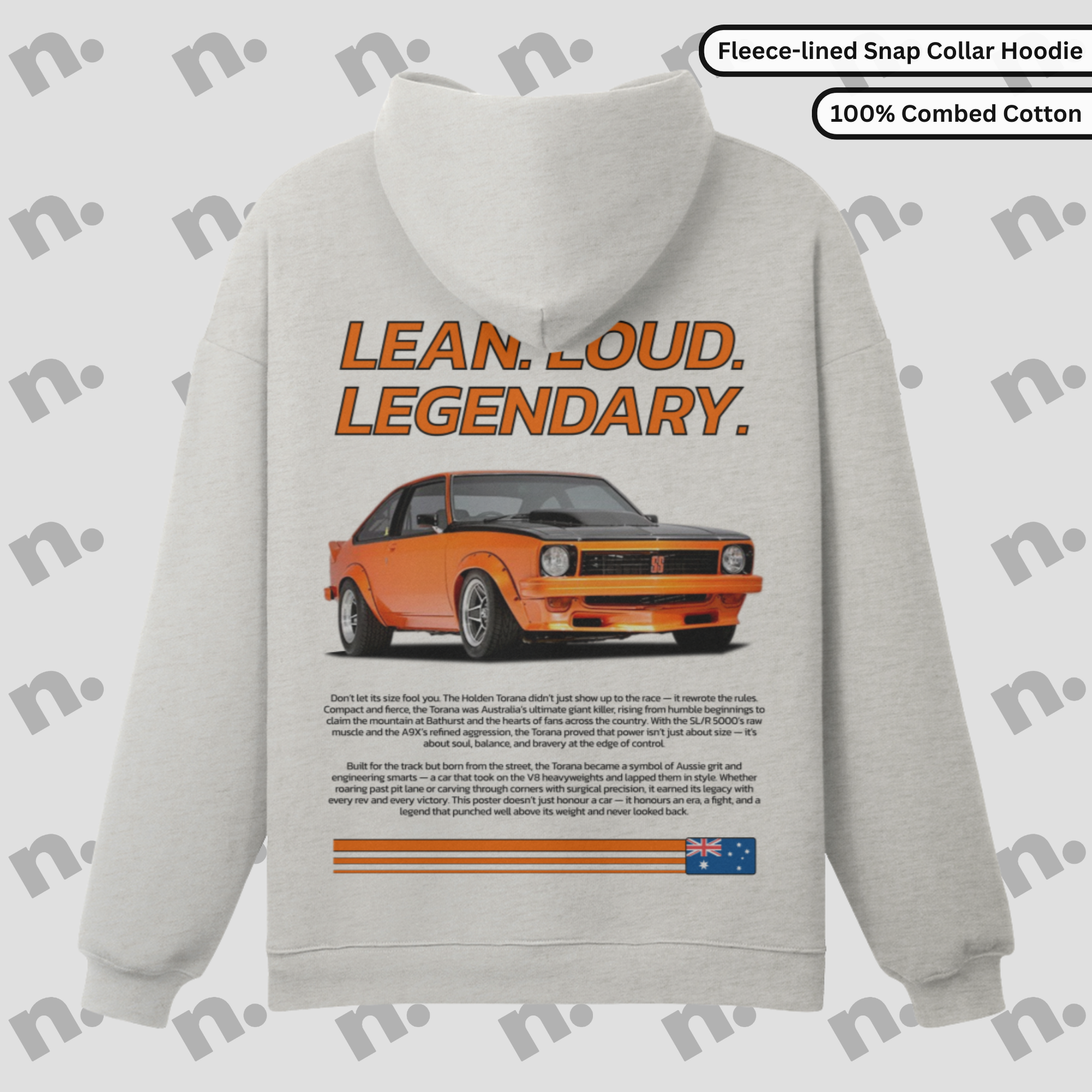 Ghost mockup of heavyweight Torana hoodie featuring “LEAN. LOUD. LEGENDARY.” design, showcasing bronze snap button collar and relaxed fit for a rugged, vintage streetwear look.