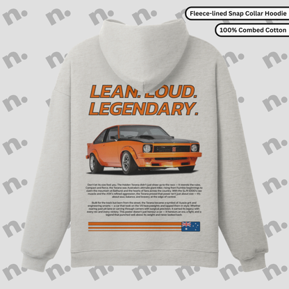 Ghost mockup of heavyweight Torana hoodie featuring “LEAN. LOUD. LEGENDARY.” design, showcasing bronze snap button collar and relaxed fit for a rugged, vintage streetwear look.