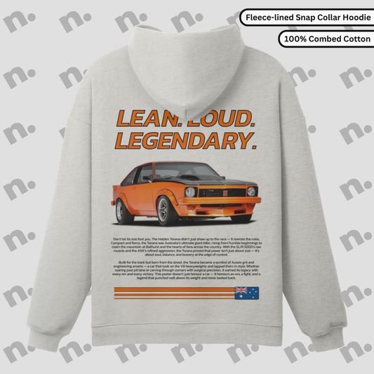 Ghost mockup of heavyweight Torana hoodie featuring “LEAN. LOUD. LEGENDARY.” design, showcasing bronze snap button collar and relaxed fit for a rugged, vintage streetwear look.