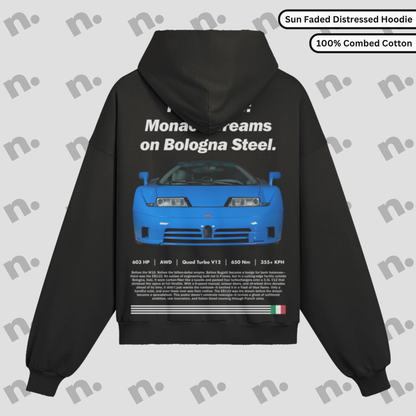 EB110 – “Monaco Dreams on Bologna Steel” Distressed Premium Hoodie