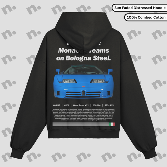 EB110 – “Monaco Dreams on Bologna Steel” Distressed Premium Hoodie