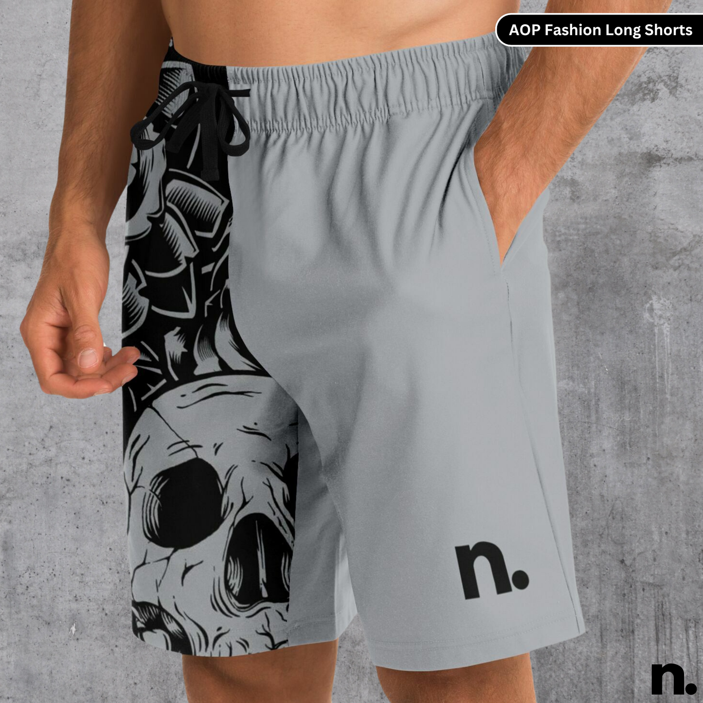 B&W Skulls and Flowers Nerdotopia Long Shorts