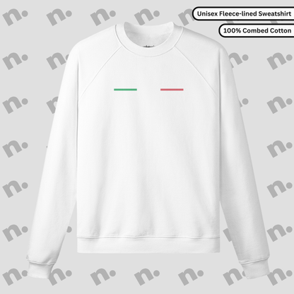 Flat lay of heavyweight fleece-lined earth tone sweatshirt with minimalist speed-inspired graphic and relaxed crewneck fit.