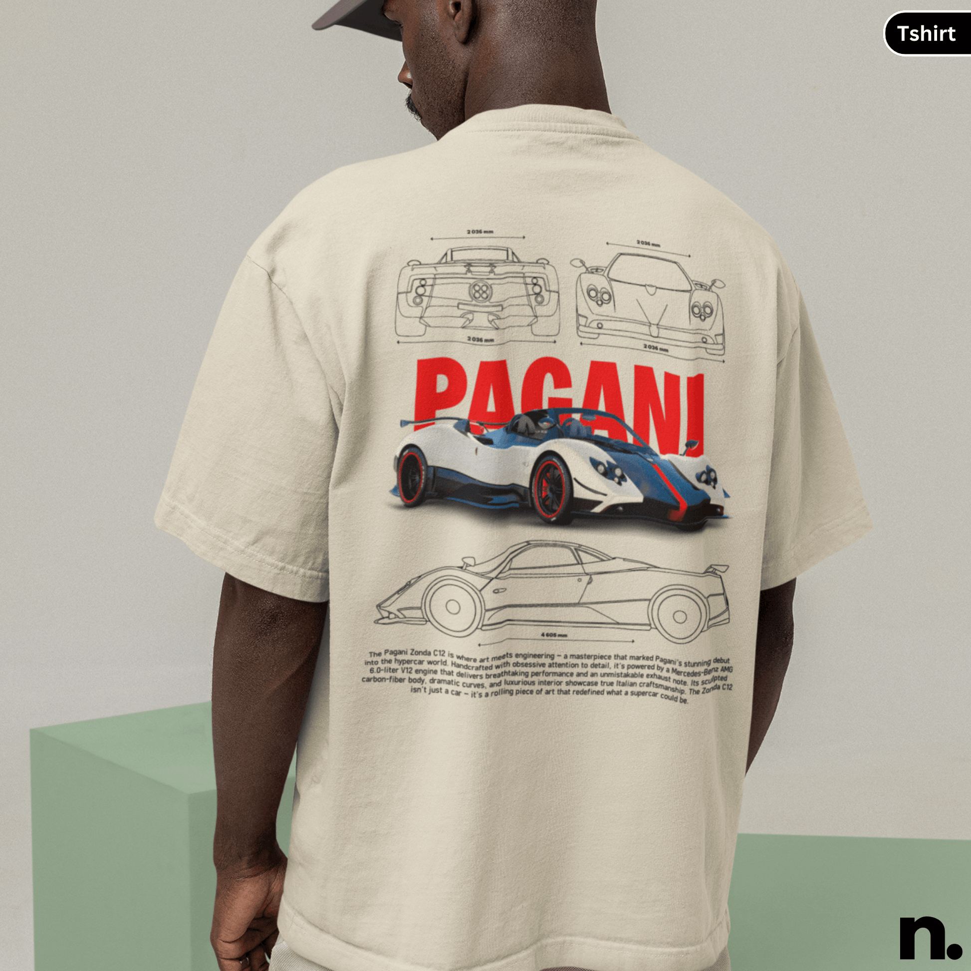 Zonda C12 poster style T-shirt featuring a detailed supercar graphic, clean automotive artwork, and modern streetwear design.
