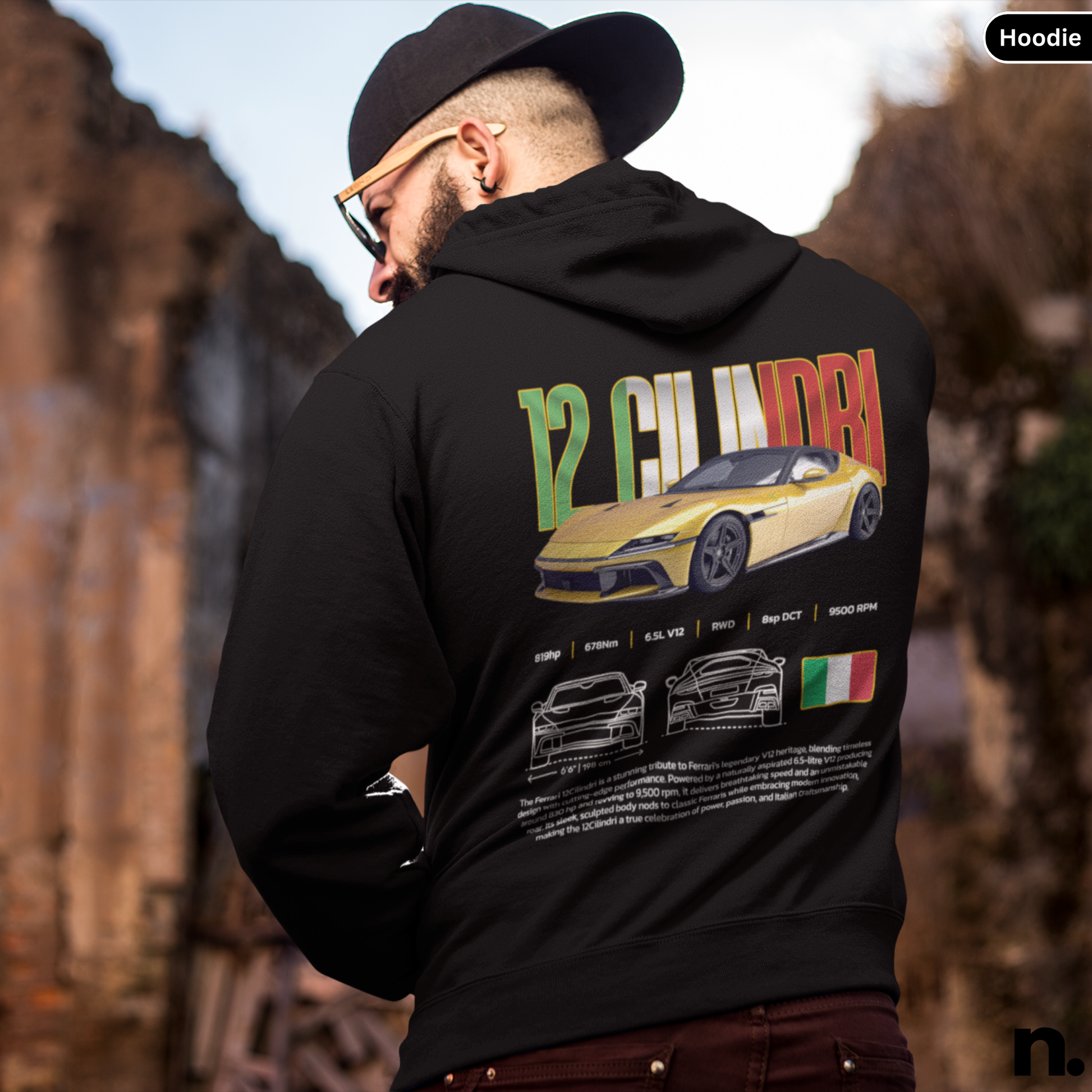 12 Cilindri poster style engine graphic printed on unisex hoodie
black
