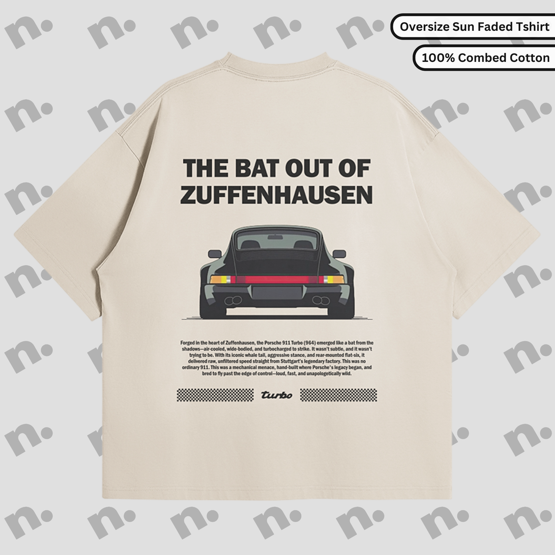 Flat lay of Zuffenhausen Bat 911 premium oversized T-shirt in vintage washed gradient, featuring soft 100% combed cotton and drop shoulder design.