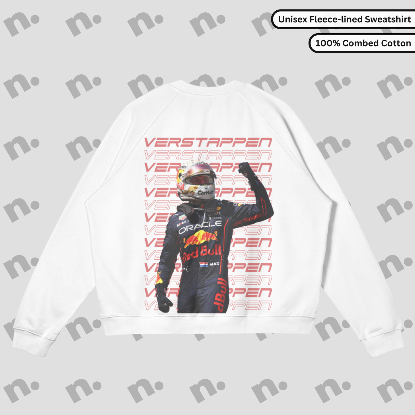 Flat lay of a premium sweatshirt featuring a bold Max Verstappen inspired design, paired with racing lifestyle accessories on a clean, neutral backdrop.