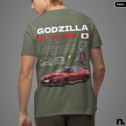 Godzilla GTR R34 V-spec II Nur Poster Style Back Print Unisex Cotton Tee,