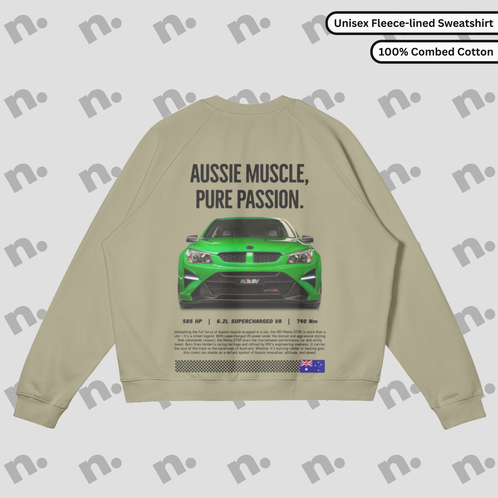 Flat lay of heavyweight fleece-lined crewneck sweatshirt in earth tones, inspired by high-performance Australian muscle car style.

