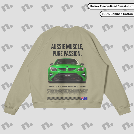 Flat lay of heavyweight fleece-lined crewneck sweatshirt in earth tones, inspired by high-performance Australian muscle car style.


