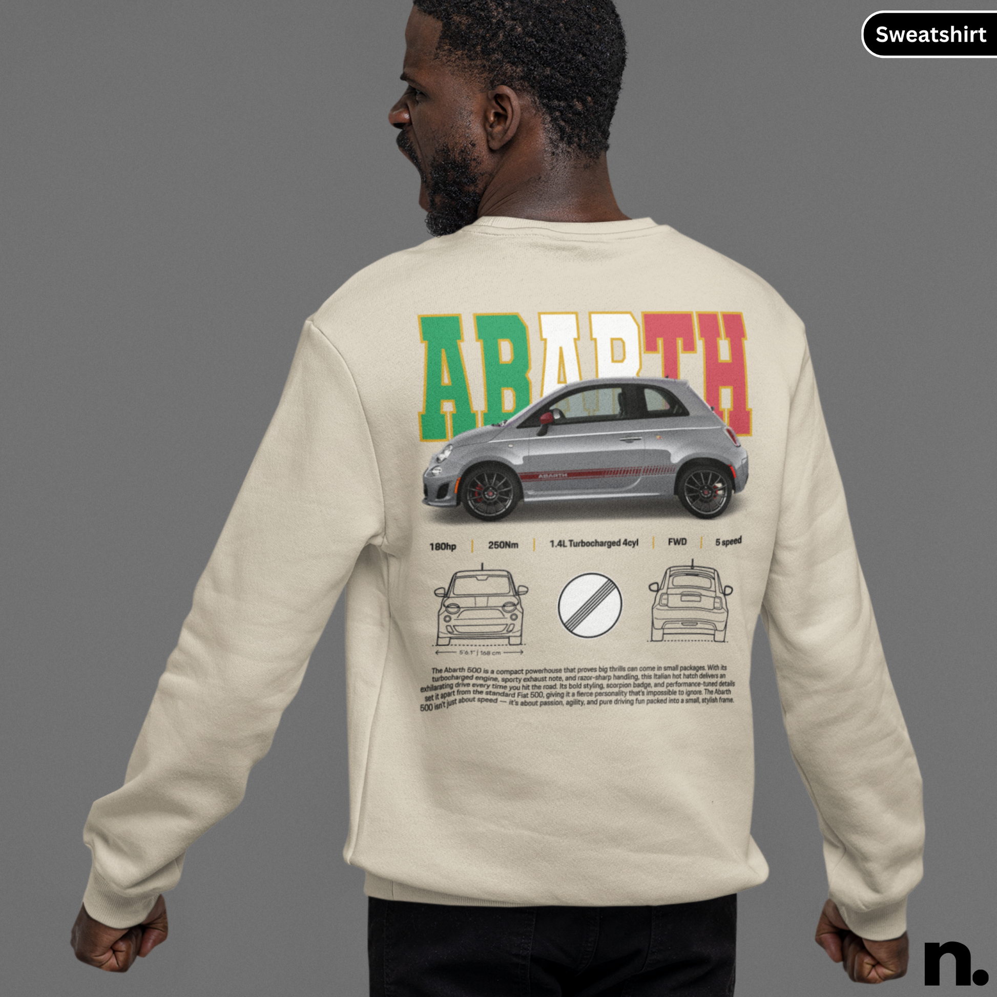 Person wearing a beige sweatshirt with Abarth logo and car design on the back, on a gray background. Abarth 500 Poster Style Sweatshirt beige