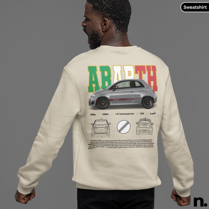Person wearing a beige sweatshirt with Abarth logo and car design on the back, on a gray background. Abarth 500 Poster Style Sweatshirt beige