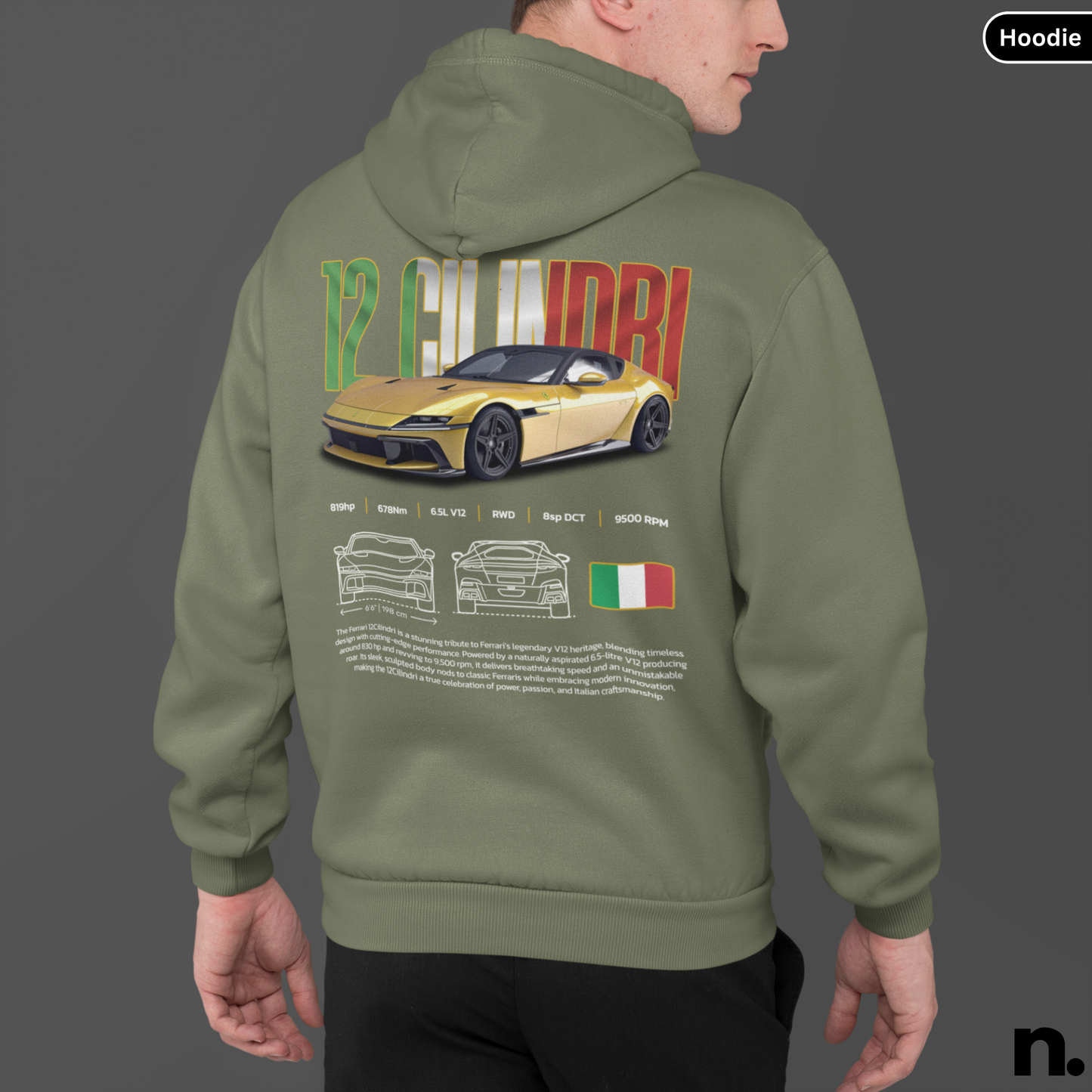 12 Cilindri poster style engine graphic printed on unisex hoodie
Military green