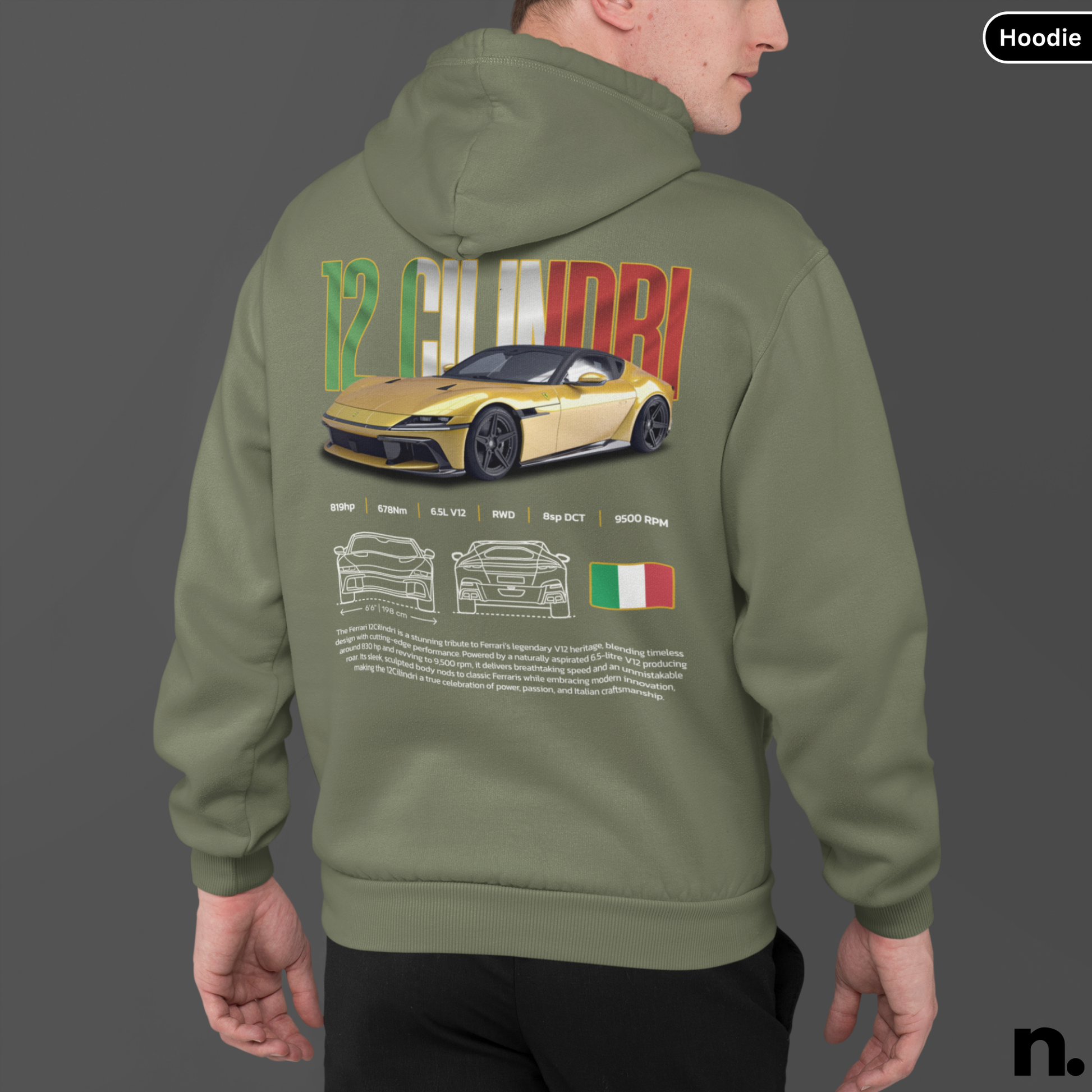 12 Cilindri poster style engine graphic printed on unisex hoodie
Military green