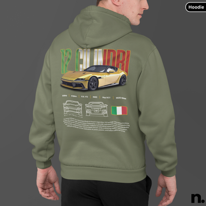 12 Cilindri poster style engine graphic printed on unisex hoodie
Military green